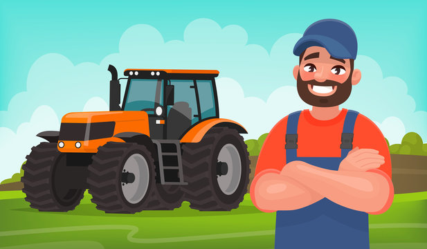 Cheerful farmer on the background of a field and a tractor. Agricultural work. Vector illustration