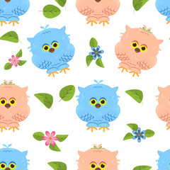 Seamless pattern hand-drawn cartoon cute owls.Boy and girl with