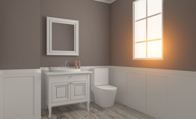 Fototapeta na wymiar Spacious bathroom, clean, beautiful, luxurious, bright room. 3D rendering. Sunset
