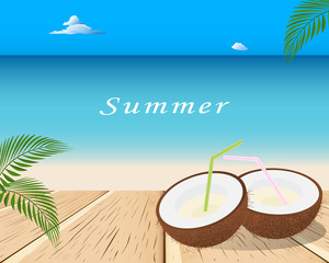 Coconut on the wooden table.Brown coconut cocktail on a beach with drinking straw.Tropic cocktail.Seascape, sandy beach, shore with sea, ocean and blue sky with clouds