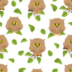 Obraz premium Seamless pattern hand-drawn cartoon cute owls.Light brown bird sits on a tree branch with green foliage.Spring,summer,autumn in the forest, the leaves are falling