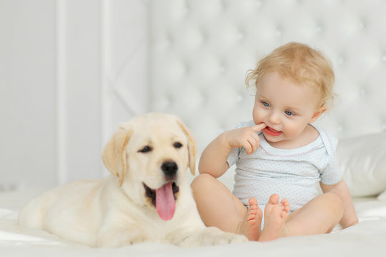 Baby girl with labrador puppy