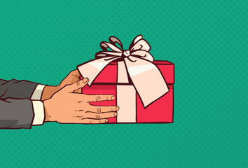 Hands Holding Red Gift Box With Bow Present For With Holiday Event Over Comic Pop Art Background Vector Illustration
