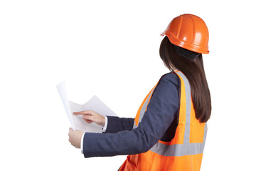 Woman in construction waistcoat, checking out blueprints. Isolated on white background