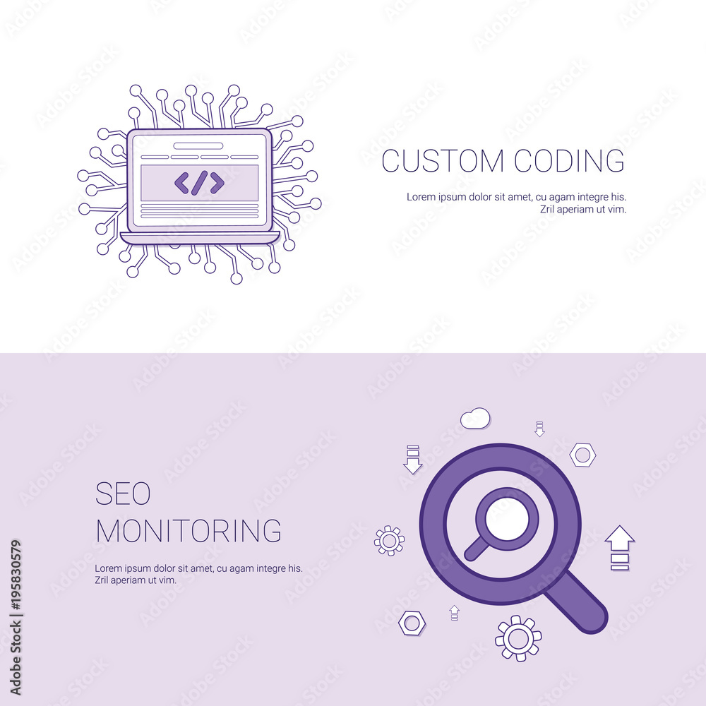 Poster custom coding and seo monitoring template web banner with copy space vector illustration