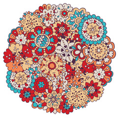 Flowers. Illustration in doodle and cartoon style. Сircle. Color. 