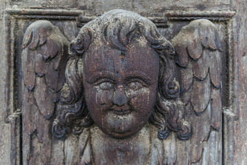 Medieval Gothic Church wooden door detail in Sibiu, Romania