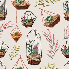 Gordijnen Naadloos patroon met aquarel vetplanten op grijze gestructureerde achtergrond © scarlet_heath