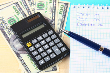 Finance concept : The United States hundred-dollar bills , calculator , bills.