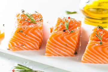 Fresh fish. Salmon fillet on white.