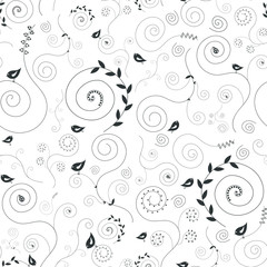 Birds and flowers-seamless pattern. Black pattern on a white background. Curls, scribbles, leaves and birds. Vector illustration.