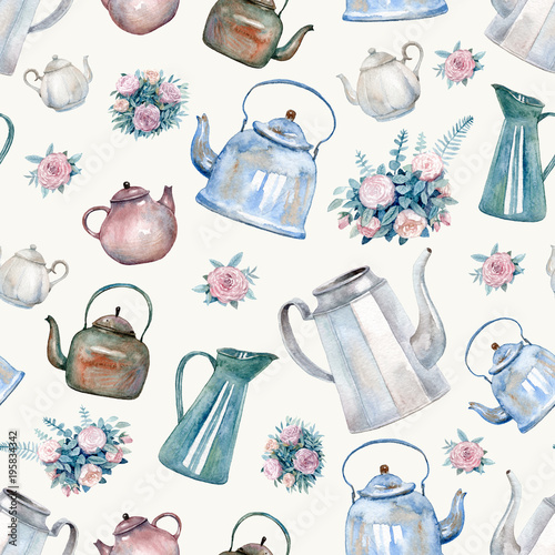 "A seamless pattern with vintage kettles, teapots and bouquets of roses
