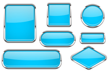 Glass buttons with chrome frame. Set of blue shiny 3d web icons