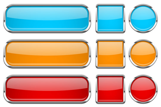 Glass buttons with chrome frame. Set of colored shiny 3d web icons. Red, orange and blue