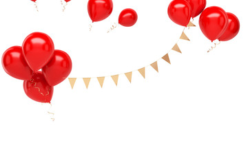 Red balloons with, gold flags on the upstairs isolated on white background. 3D illustration of celebration, party balloons