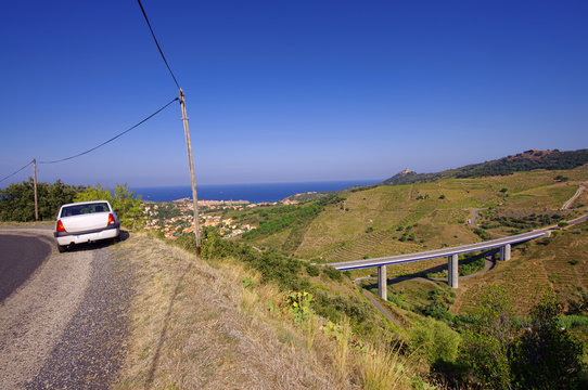 Collioure, Feance. Car on the side of the road and beautiful landscape