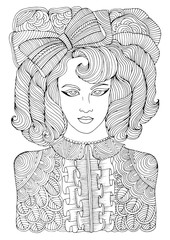  Vector drawn portrait of a retro girl with curly locks with a large bow and a blouse with ruffle. Romantic style. Graphic design for design card, t-shirt. Ornament Pattern for coloring page A4 size.