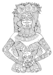 Hand drawn girl with calavera makeup with flowers in her hair holding sugar skull. Mexican holiday Day of the Dead. Halloween. Graphic design for design card, t-shirt Coloring page A4 size.