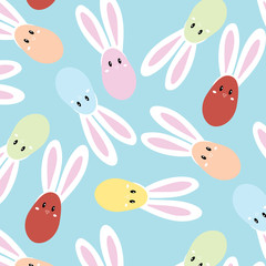 Happy Easter. Set of Easter eggs with bunny ears on a light blue background. Vector pattern Illustration 