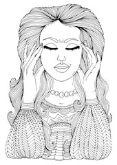 Vector hand drawn sad girl suffering from head pain in temples and stress. Headache migraine and stress. Pattern for coloring book A4 size.
