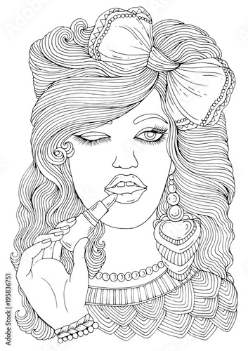 Vector Hand Drawn Stylish Young Girl With A Bow On Her Head Applying Make Up