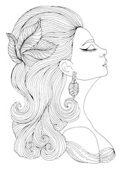 Vector hand drawn portrait in profile of elegant lady in retro style. Girl with wavy hair with a hairpin in the form of leaves. Art Deco style. Decorated Coloring Page A4 size.