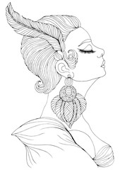 Vector hand drawn portrait in profile of elegant lady in Art Deco. Girl with a feather in a short hairstyle and a big earring. Decorated Coloring Page A4 size.