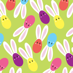 Happy Easter. Set of Easter eggs with bunny ears on a green background. Vector pattern Illustration