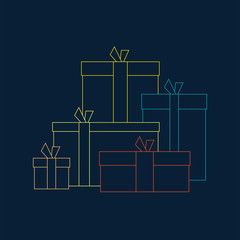 Big pile of colorful wrapped gift boxes. Big pile of presents, surprises. thin line style.  isolated on dark background
