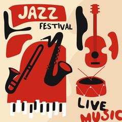 Jazz music festival poster with music instruments. Saxophone, trumpet, guitar, piano and drum flat vector illustration. Jazz concert