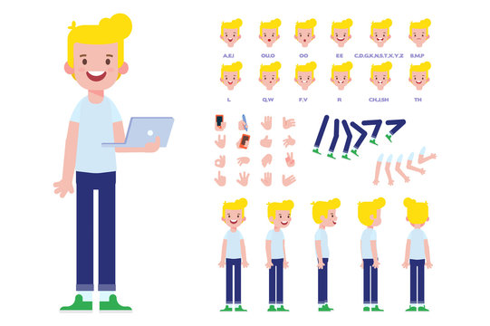 Front, side, back view animated character. Young guy character creation set with various views, lip sync, face emotions and gestures. Cartoon style, flat vector illustration.