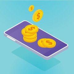 Money and mobile phone. Mobile purchases, global payments. Flat vector cartoon isometric illustration. Objects isolated on blue background.