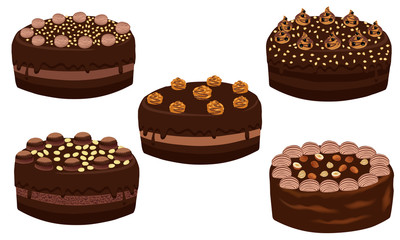 Set of chocolate cake with nuts. Dessert close-up.  Chocolate cake whole with nuts and cream isolated on white background. Vector illustration.