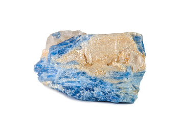 Macro shooting of natural gemstone. Raw mineral cyanide, Brazil. Isolated object on a white background.