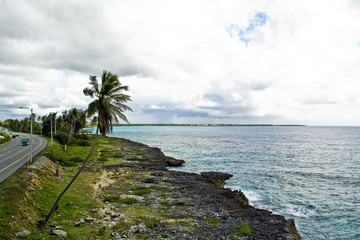 Fototapeta na wymiar Cliff on a ocean coast, palms, road, Dominican Republic