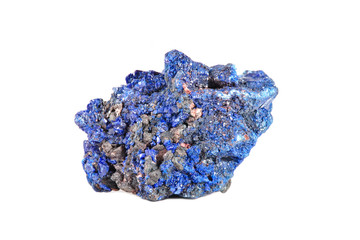 Macro shooting of natural gemstone. Raw mineral azurite, Morocco. Isolated object on a white background.