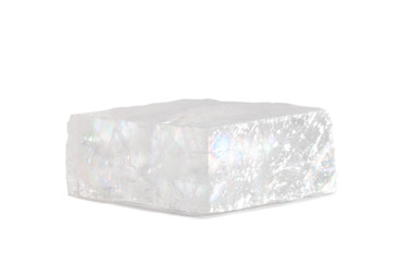 Macro shooting of natural gemstone. Raw mineral Iceland spar, Brazil. Isolated object on a white...