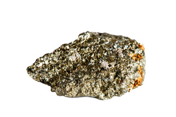 Macro shooting of natural gemstone. The raw mineral is arsenopyrite. Indonesia. Isolated object on a white background.