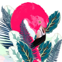 Obrazy  Piękna ilustracja wektorowa z narysowanymi różowymi flamingami i liśćmi palmowymi