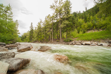 Gebirgsfluss, kanadas westen, vancouver island, Sommer, bedeckter Himmel, felsen im Flussbett