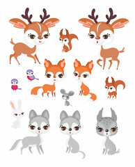 The image of cute forest animals in cartoon style. Children’s illustration. Vector set.