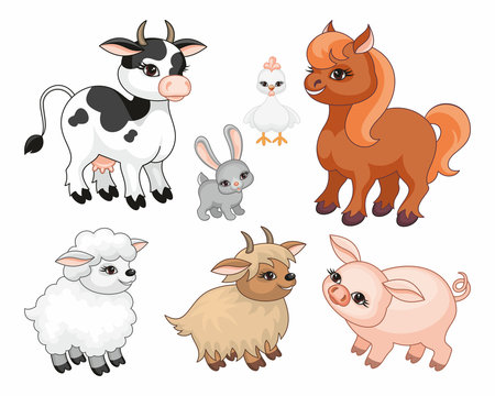 The image of cute farm animals in cartoon style. Children’s illustration. Vector set.