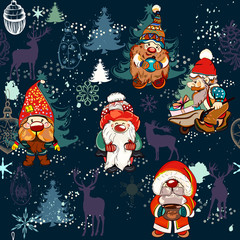  Christmas pattern with dwarfs and Xmas decorations in childish lovely style