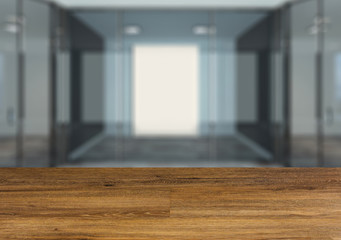 Background with empty wooden table. Flooring. Modern Blank  office Cabinet. Meeting room.