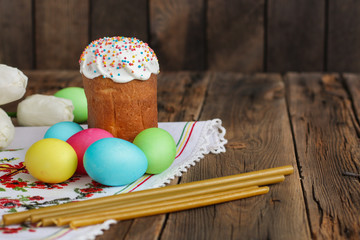 Easter cake and Easter eggs (traditional decoration and attributes). Happy easter!