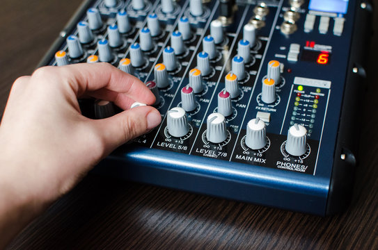 Power Mixer.Sound mixer controller in the control room.Sound mixer control for live music and studio equipment.This is a quality audio system for professionals.