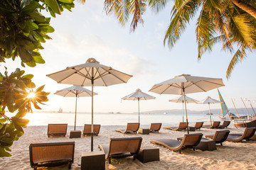 Chaise longues at the beach on the Boracay island, Philippines