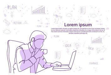 Business Man Drink Coffee Or Tea Working With Laptop Computer Over Abstract Doodle Background Vector Illustration