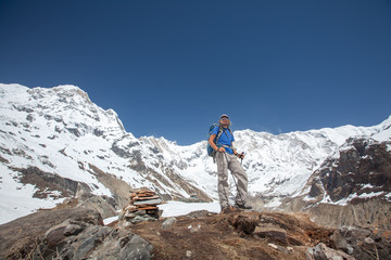 Trekker on the way to Annapurna base camp, Nepal