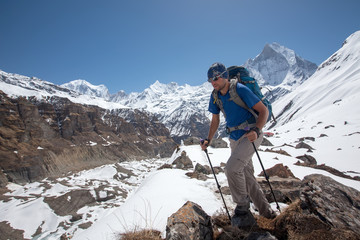 Trekker on the way to Annapurna base camp, Nepal